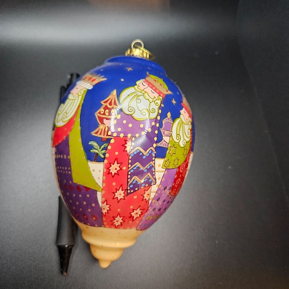 Vintage Hand Painted‎ Glass Nativity Three Wise Men Ornament Blue Gold Finial